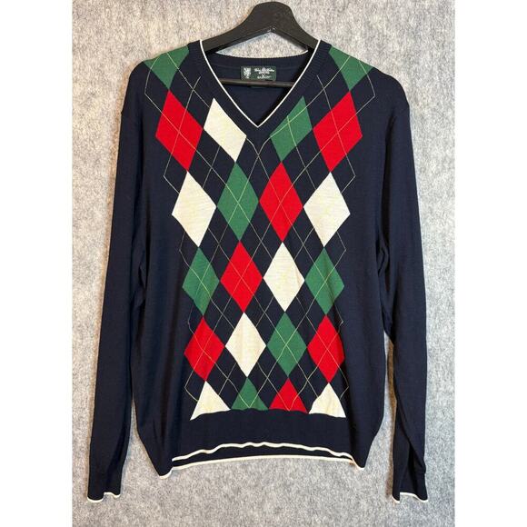 Brooks Brothers Saxxon Wool Blue Argyle V-Neck Soft Sweater - Large - Picture 1 of 7